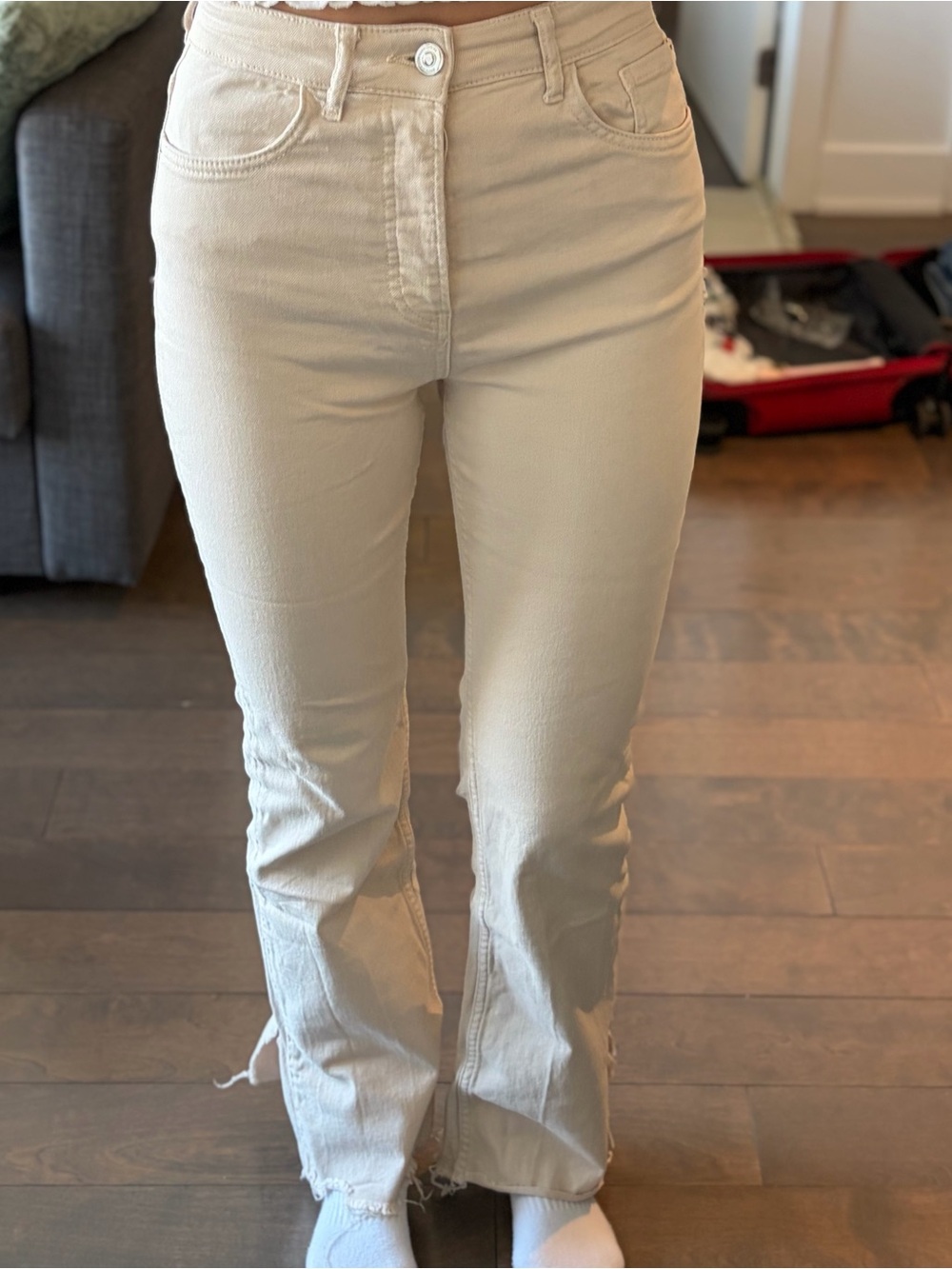 stradivarius Cream Flare Jeans with Raw Hem